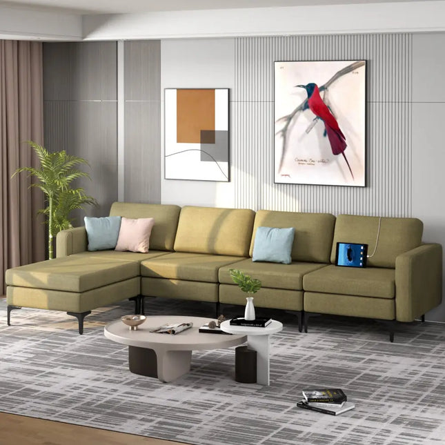 Modular L-shaped Sectional Sofa with Reversible Ottoman and 2 USB Ports-Green - Green - Sofas & Loveseats