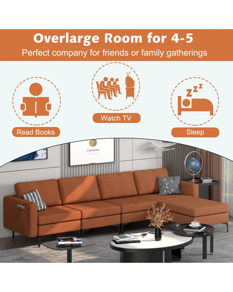 Modular L-shaped Sectional Sofa with Reversible Ottoman and 2 USB Ports-Orange - Orange - Sofas & Loveseats