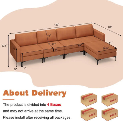 Modular L-shaped Sectional Sofa with Reversible Ottoman and 2 USB Ports-Orange - Orange - Sofas & Loveseats