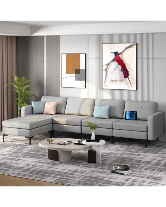 Modular L-shaped Sectional Sofa with Reversible Ottoman and 2 USB Ports-Light Gray - Light Gray - Sofas & Loveseats