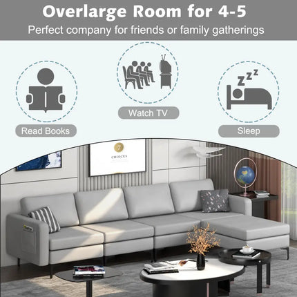 Modular L-shaped Sectional Sofa with Reversible Ottoman and 2 USB Ports-Light Gray - Light Gray - Sofas & Loveseats