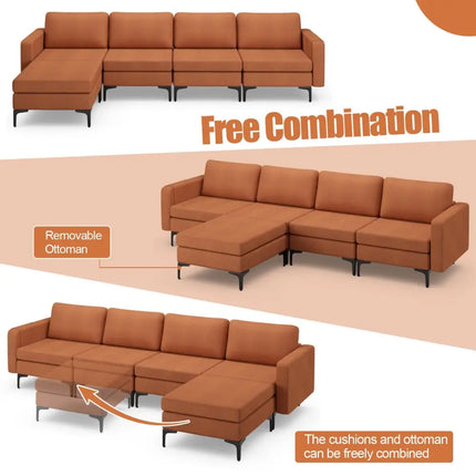 Modular L-shaped Sectional Sofa with Reversible Ottoman and 2 USB Ports-Orange - Orange - Sofas & Loveseats
