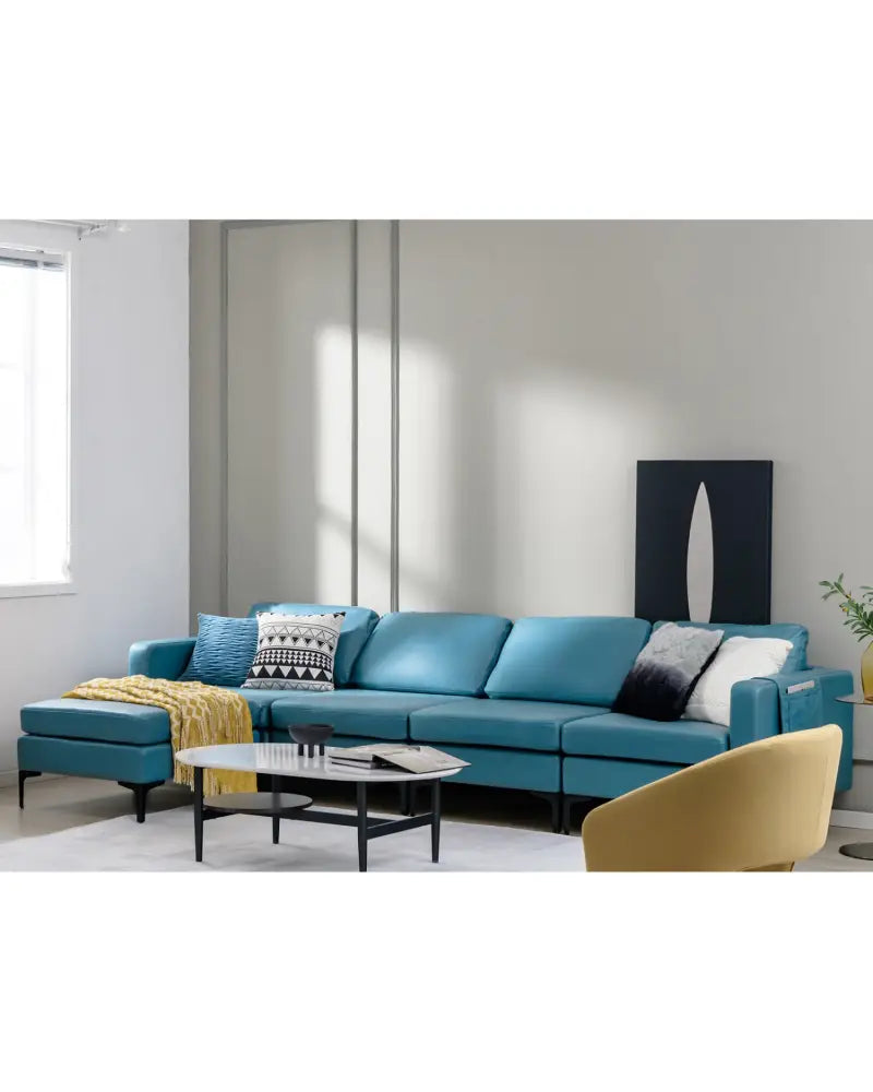 Modular L-shaped Sectional Sofa with Reversible Ottoman and 2 USB Ports-Blue - Blue - Sofas & Loveseats