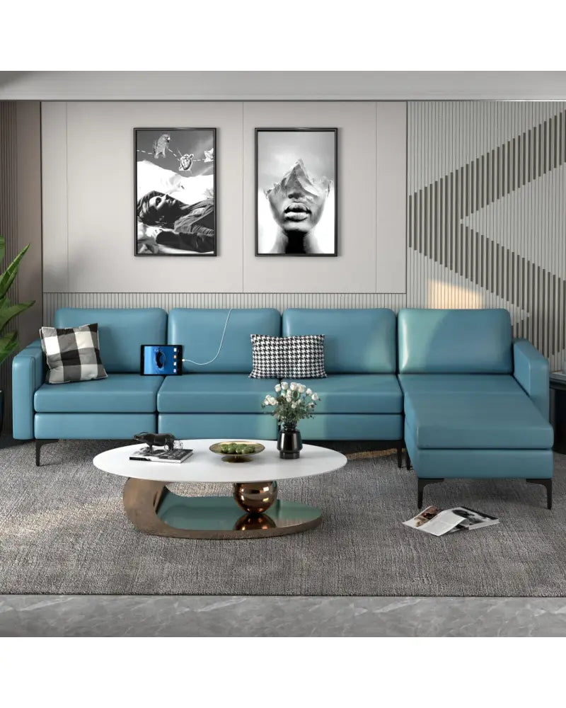 Modular L-shaped Sectional Sofa with Reversible Ottoman and 2 USB Ports-Blue - Blue - Sofas & Loveseats