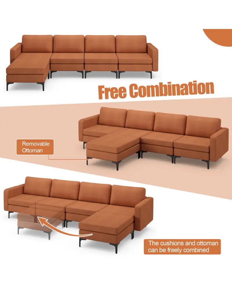 Modular L-shaped Sectional Sofa with Reversible Ottoman and 2 USB Ports-Orange - Orange - Sofas & Loveseats