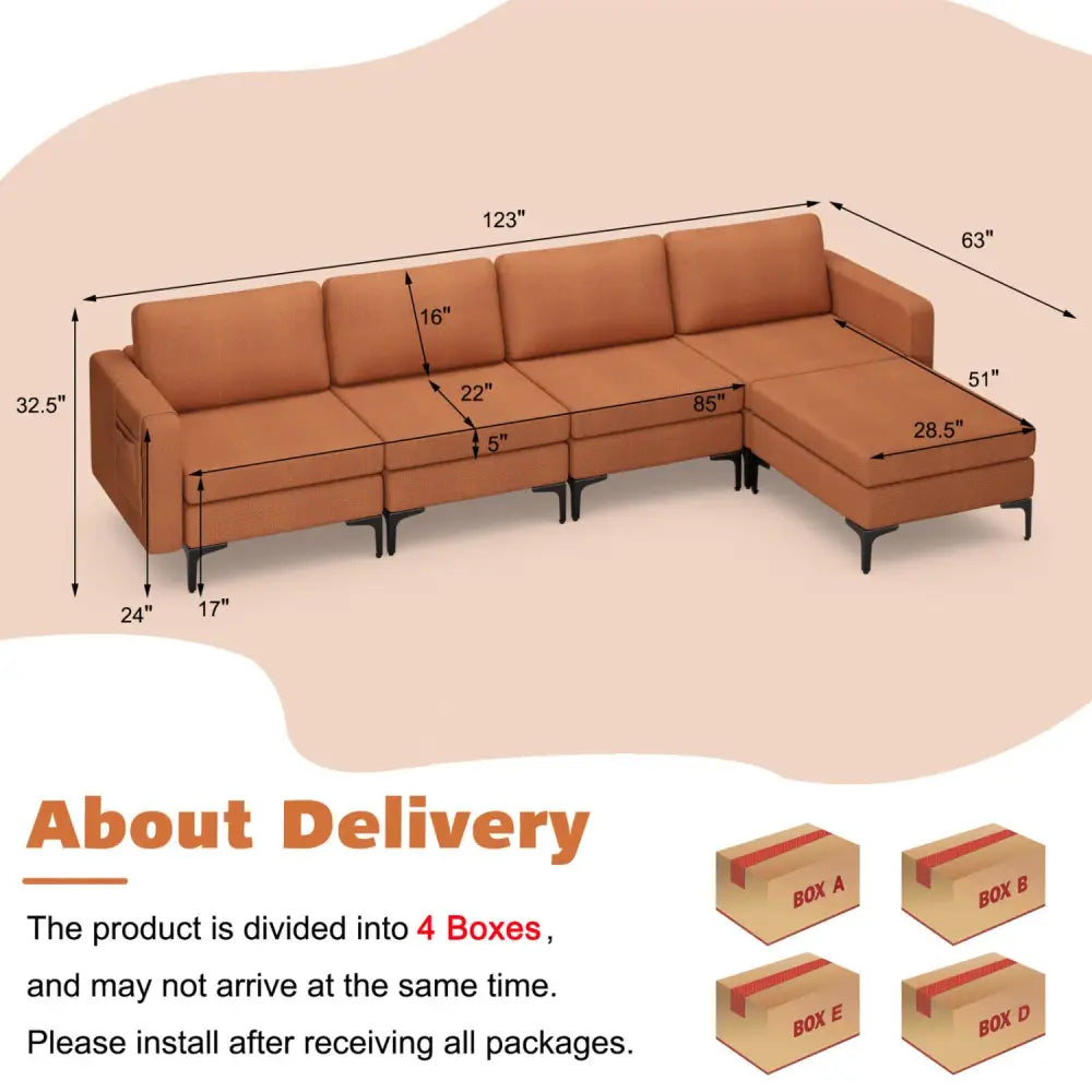 Modular L-shaped Sectional Sofa with Reversible Ottoman and 2 USB Ports-Orange - Orange - Sofas & Loveseats
