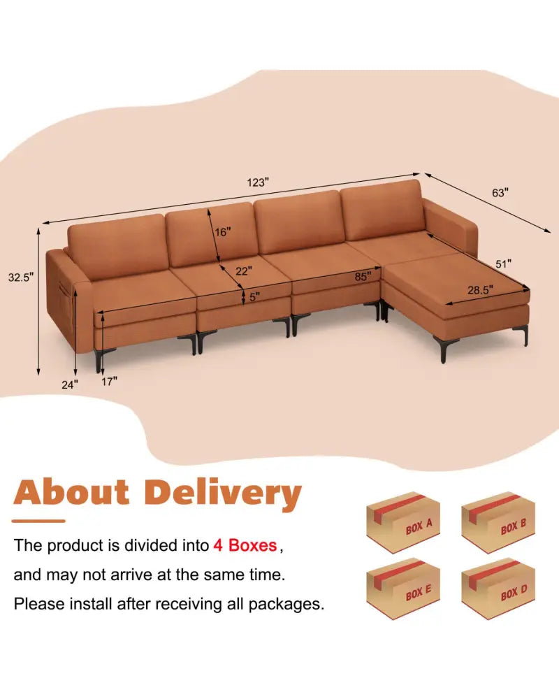 Modular L-shaped Sectional Sofa with Reversible Ottoman and 2 USB Ports-Orange - Orange - Sofas & Loveseats