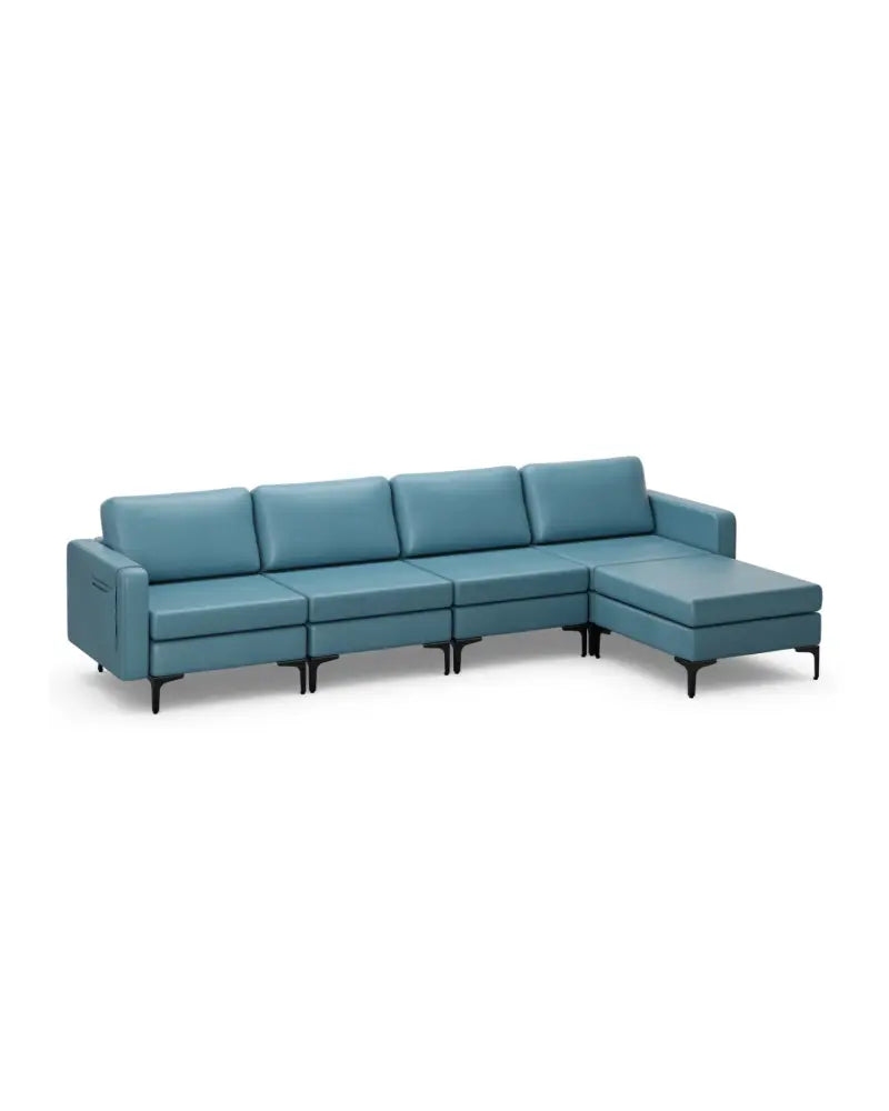 Modular L-shaped Sectional Sofa with Reversible Ottoman and 2 USB Ports-Blue - Blue - Sofas & Loveseats