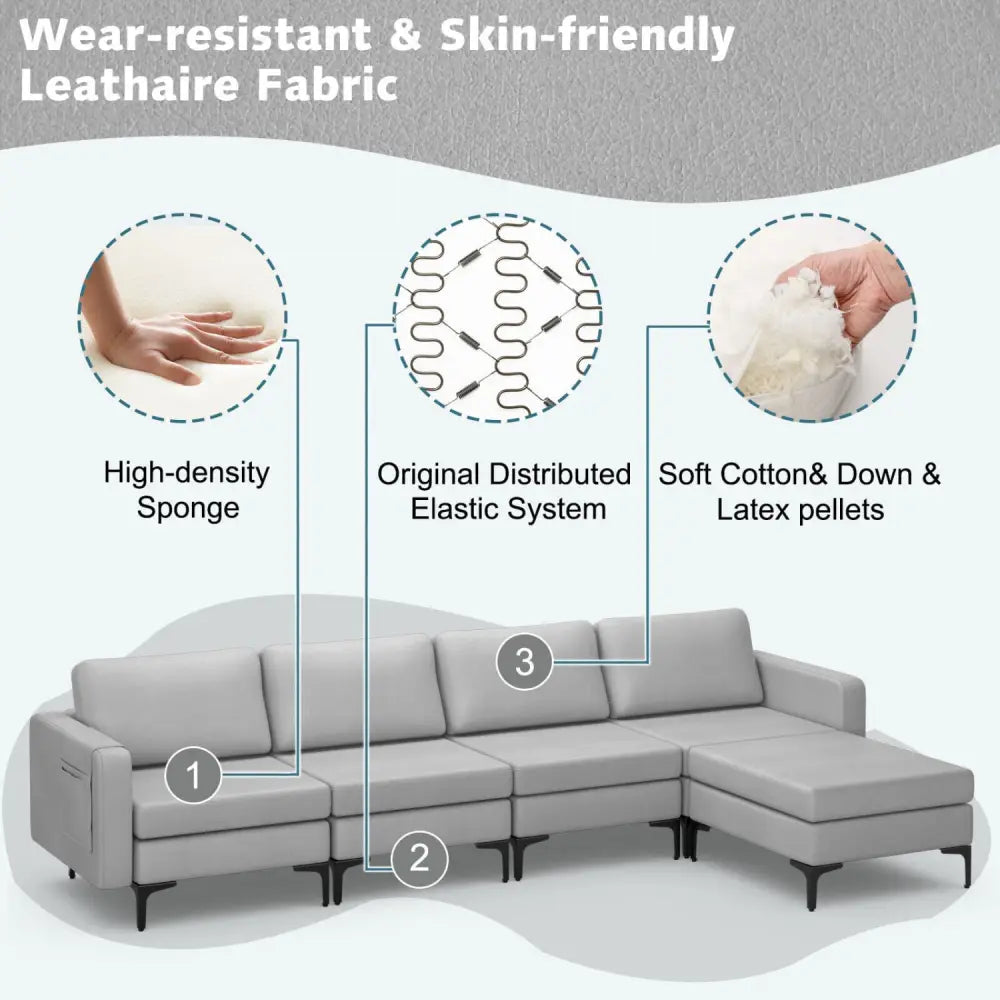 Modular L-shaped Sectional Sofa with Reversible Ottoman and 2 USB Ports-Light Gray - Light Gray - Sofas & Loveseats