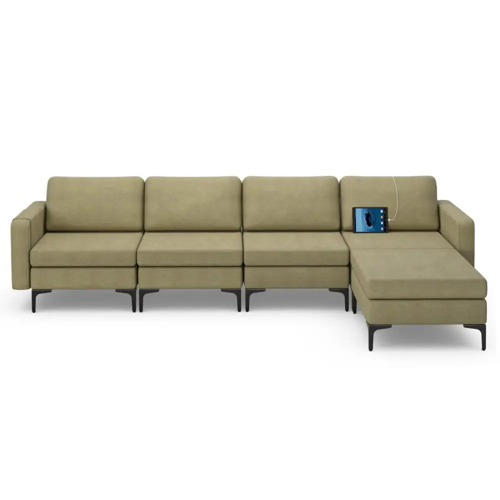 Modular L-shaped Sectional Sofa with Reversible Ottoman and 2 USB Ports-Green - Green - Sofas & Loveseats