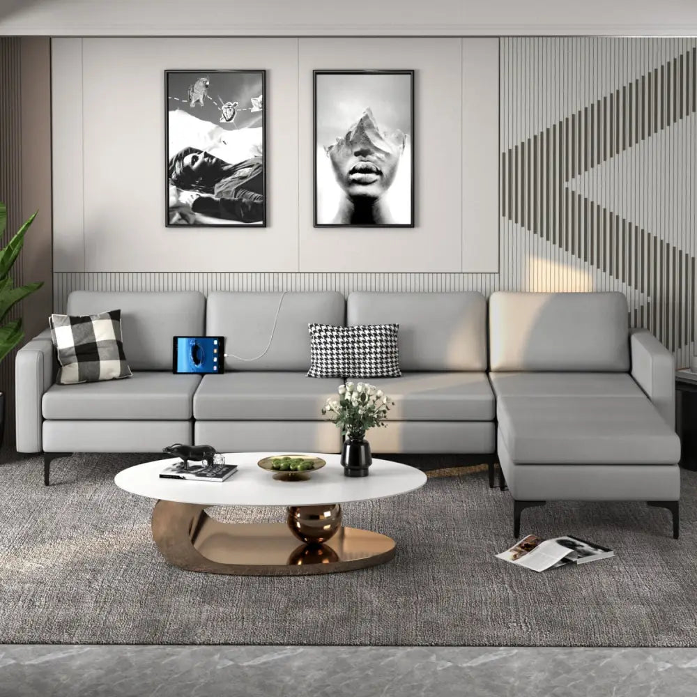 Modular L-shaped Sectional Sofa with Reversible Ottoman and 2 USB Ports-Light Gray - Light Gray - Sofas & Loveseats