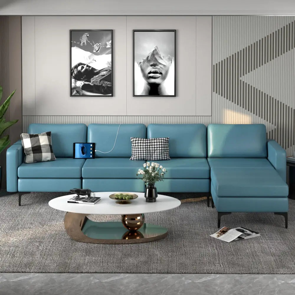 Modular L-shaped Sectional Sofa with Reversible Ottoman and 2 USB Ports-Blue - Blue - Sofas & Loveseats