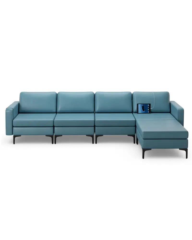 Modular L-shaped Sectional Sofa with Reversible Ottoman and 2 USB Ports-Blue - Blue - Sofas & Loveseats