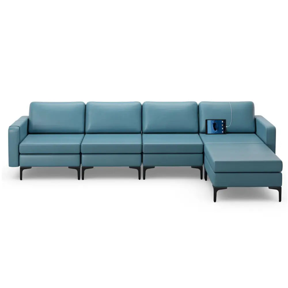 Modular L-shaped Sectional Sofa with Reversible Ottoman and 2 USB Ports-Blue - Blue - Sofas & Loveseats