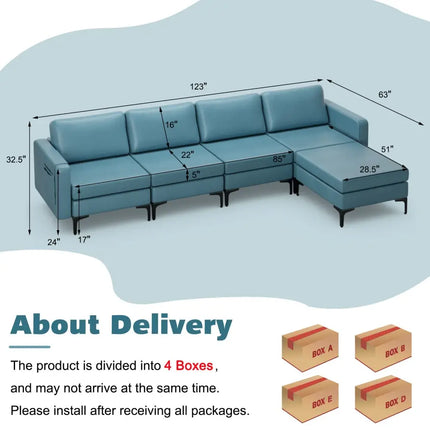 Modular L-shaped Sectional Sofa with Reversible Ottoman and 2 USB Ports-Blue - Blue - Sofas & Loveseats