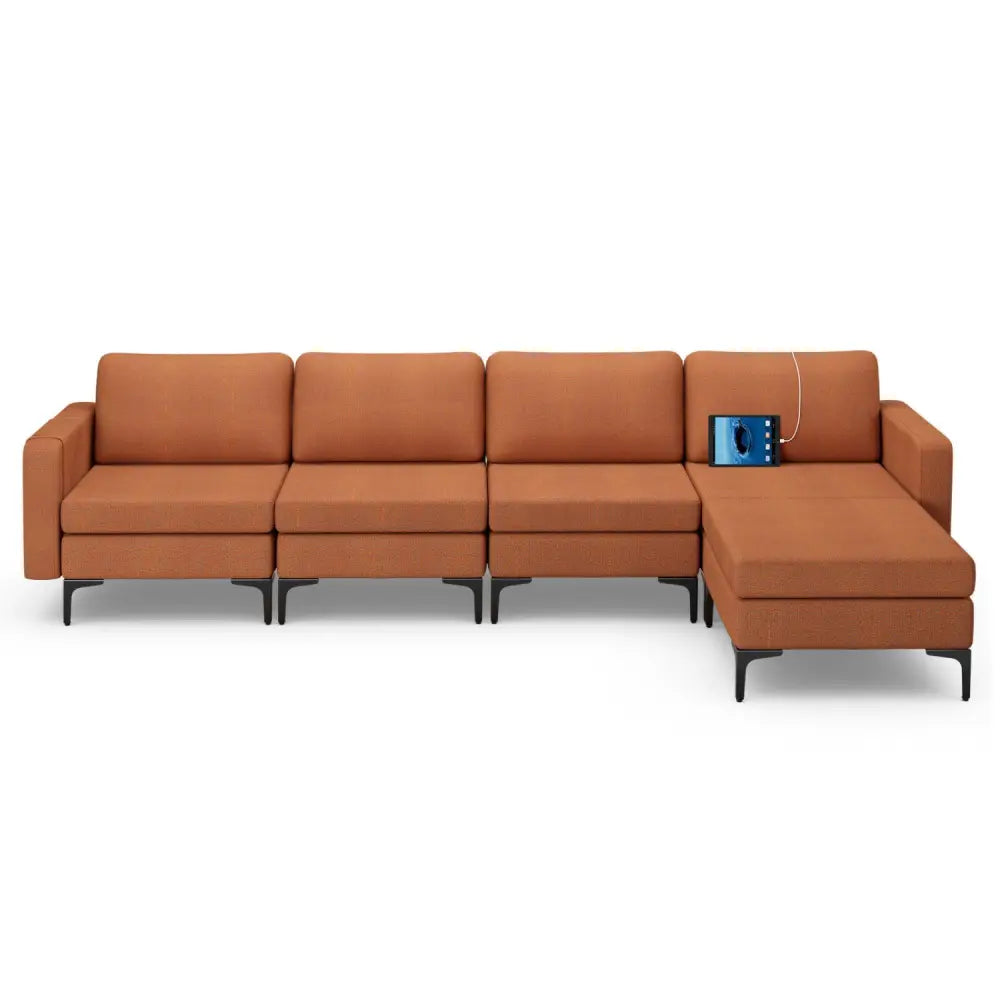 Modular L-shaped Sectional Sofa with Reversible Ottoman and 2 USB Ports-Orange - Orange - Sofas & Loveseats