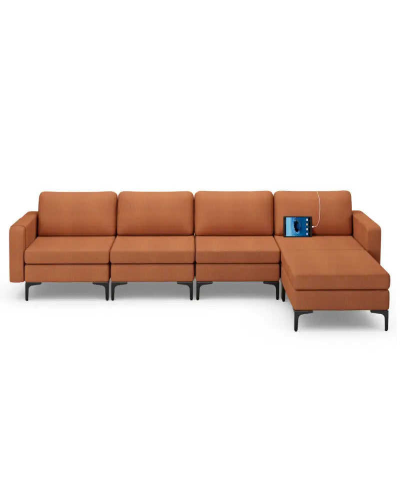 Modular L-shaped Sectional Sofa with Reversible Ottoman and 2 USB Ports-Orange - Orange - Sofas & Loveseats
