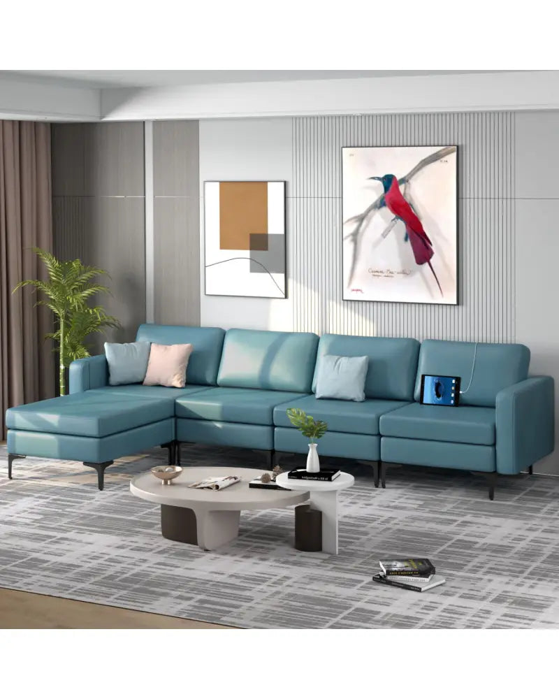 Modular L-shaped Sectional Sofa with Reversible Ottoman and 2 USB Ports-Blue - Blue - Sofas & Loveseats