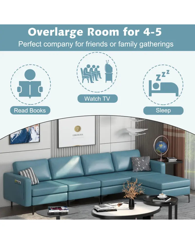 Modular L-shaped Sectional Sofa with Reversible Ottoman and 2 USB Ports-Blue - Blue - Sofas & Loveseats