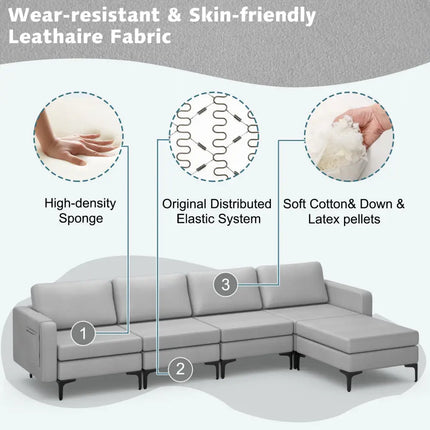 Modular L-shaped Sectional Sofa with Reversible Ottoman and 2 USB Ports-Light Gray - Light Gray - Sofas & Loveseats