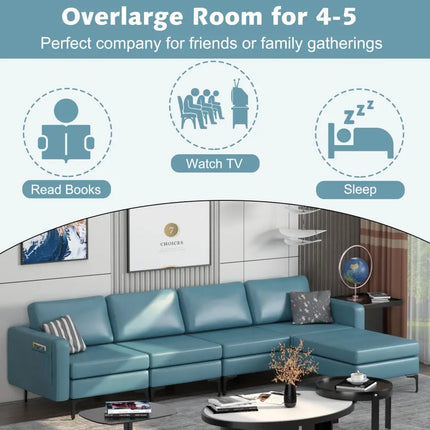 Modular L-shaped Sectional Sofa with Reversible Ottoman and 2 USB Ports-Blue - Blue - Sofas & Loveseats