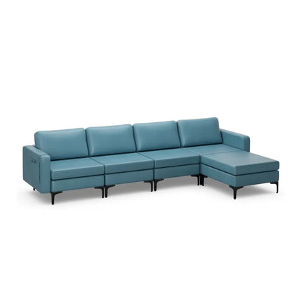 Modular L-shaped Sectional Sofa with Reversible Ottoman and 2 USB Ports-Blue - Blue - Sofas & Loveseats
