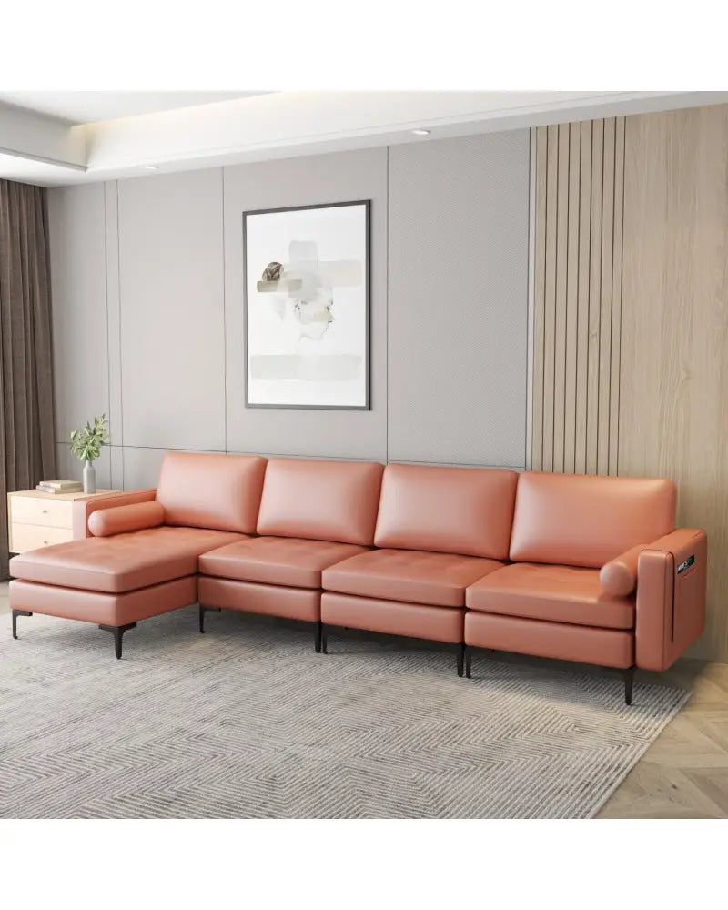 Modular Modern L-shaped Sectional Sofa with Reversible Chaise and 2 USB Ports-Pink - Pink - Sofas & Loveseats