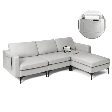 Modular Modern L-shaped Sectional Sofa with Reversible Chaise and 2 USB Ports-Light Gray - Light Gray - Sofas &