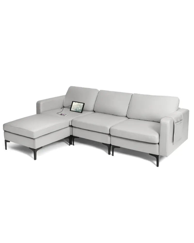 Modular Modern L-shaped Sectional Sofa with Reversible Chaise and 2 USB Ports-Light Gray - Light Gray - Sofas &