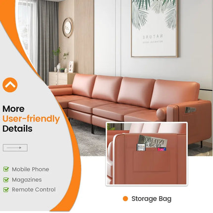 Modular Modern L-shaped Sectional Sofa with Reversible Chaise and 2 USB Ports-Pink - Pink - Sofas & Loveseats