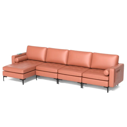 Modular Modern L-shaped Sectional Sofa with Reversible Chaise and 2 USB Ports-Pink - Pink - Sofas & Loveseats
