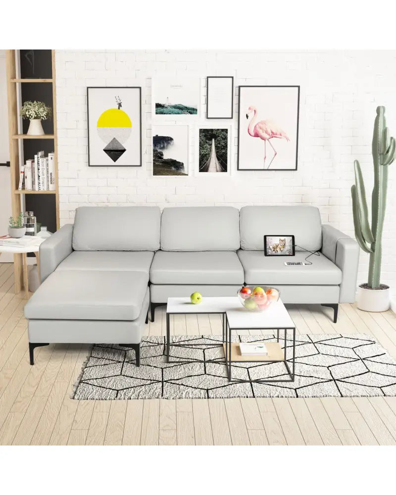 Modular Modern L-shaped Sectional Sofa with Reversible Chaise and 2 USB Ports-Light Gray - Light Gray - Sofas &