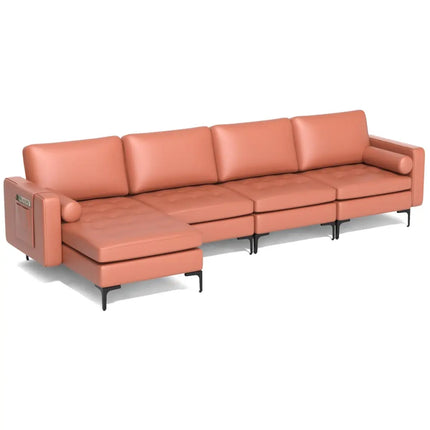 Modular Modern L-shaped Sectional Sofa with Reversible Chaise and 2 USB Ports-Pink - Pink - Sofas & Loveseats