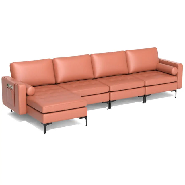 Modular Modern L-shaped Sectional Sofa with Reversible Chaise and 2 USB Ports-Pink - Pink - Sofas & Loveseats