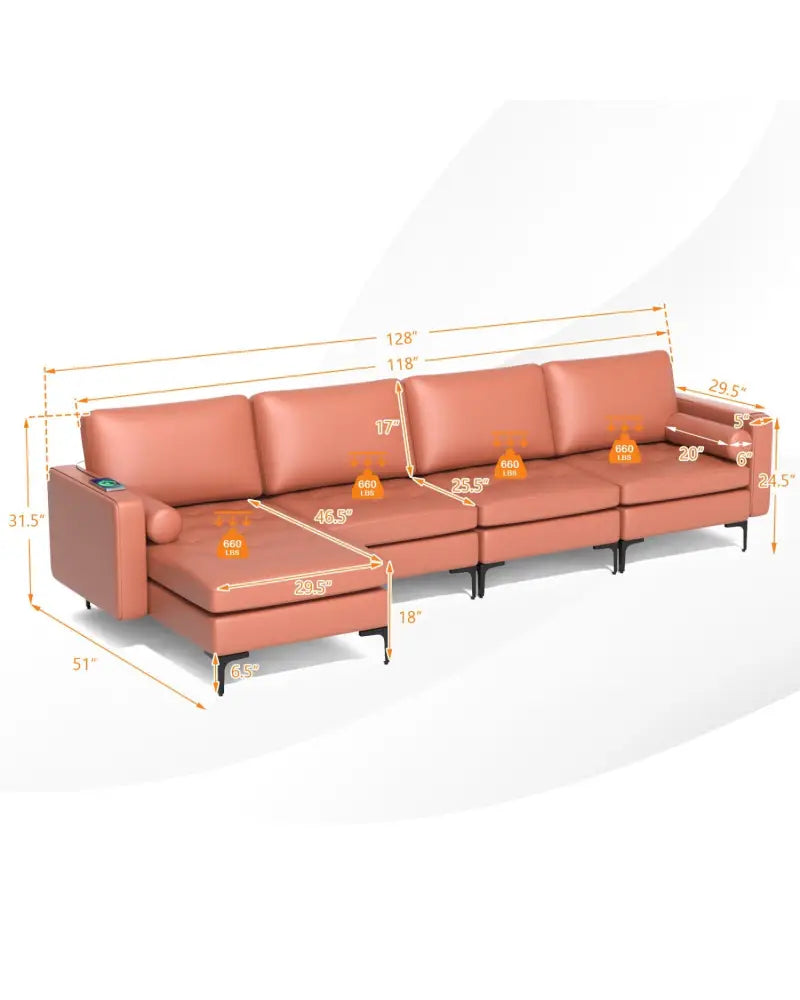 Modular Modern L-shaped Sectional Sofa with Reversible Chaise and 2 USB Ports-Pink - Pink - Sofas & Loveseats