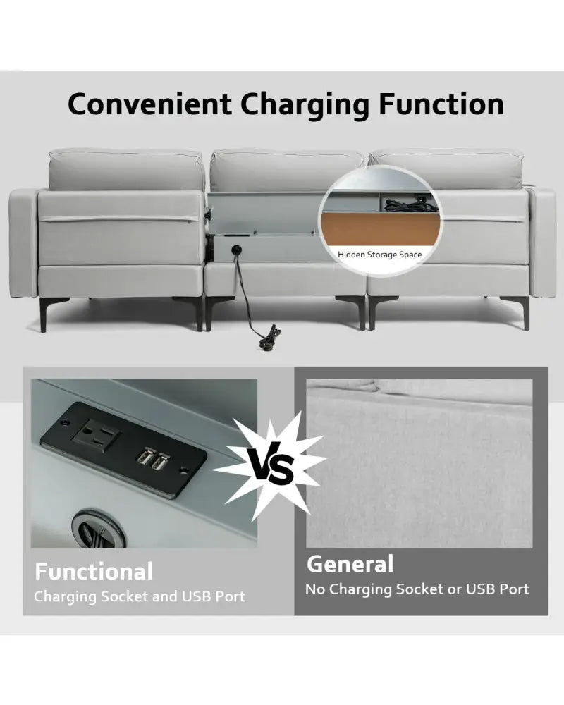 Modular Modern L-shaped Sectional Sofa with Reversible Chaise and 2 USB Ports-Light Gray - Light Gray - Sofas &