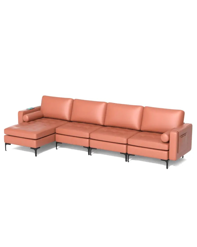 Modular Modern L-shaped Sectional Sofa with Reversible Chaise and 2 USB Ports-Pink - Pink - Sofas & Loveseats