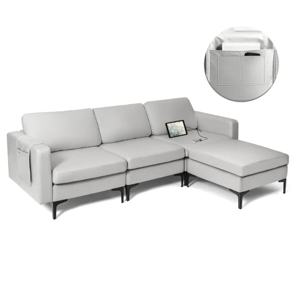 Modular Modern L-shaped Sectional Sofa with Reversible Chaise and 2 USB Ports-Light Gray - Light Gray - Sofas &