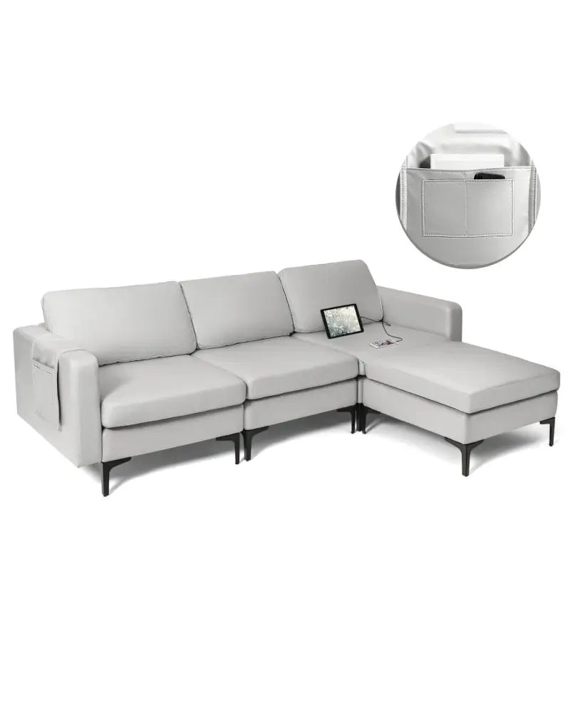 Modular Modern L-shaped Sectional Sofa with Reversible Chaise and 2 USB Ports-Light Gray - Light Gray - Sofas &