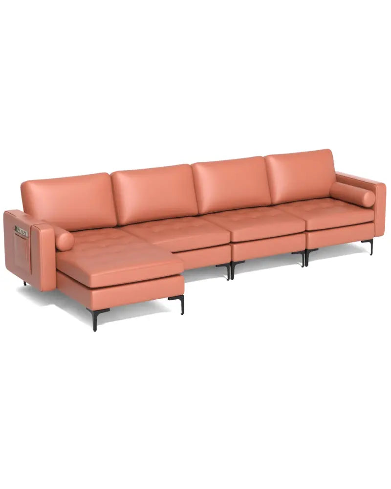 Modular Modern L-shaped Sectional Sofa with Reversible Chaise and 2 USB Ports-Pink - Pink - Sofas & Loveseats