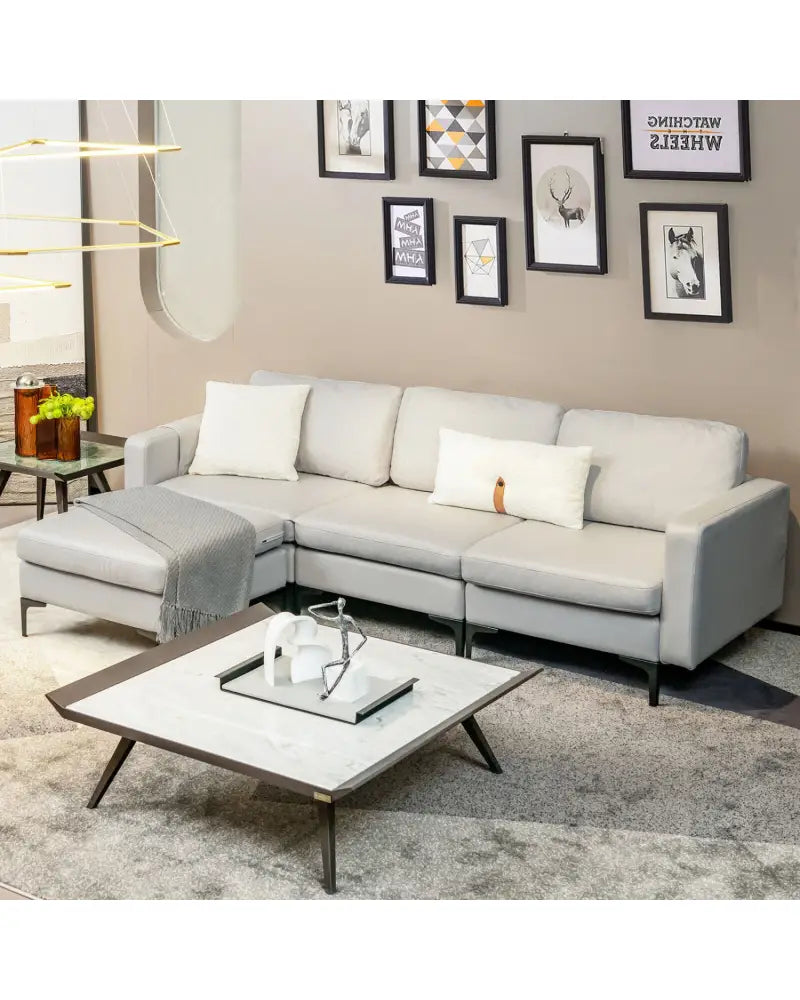 Modular Modern L-shaped Sectional Sofa with Reversible Chaise and 2 USB Ports-Light Gray - Light Gray - Sofas &