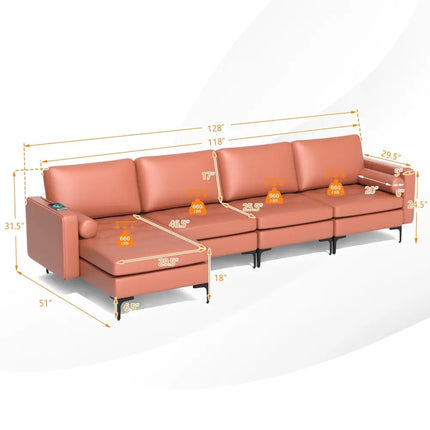 Modular Modern L-shaped Sectional Sofa with Reversible Chaise and 2 USB Ports-Pink - Pink - Sofas & Loveseats