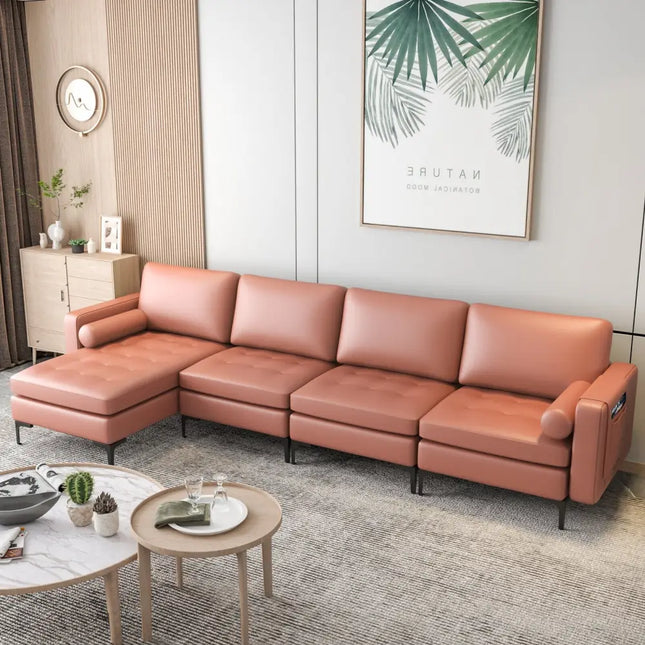 Modular Modern L-shaped Sectional Sofa with Reversible Chaise and 2 USB Ports-Pink - Pink - Sofas & Loveseats