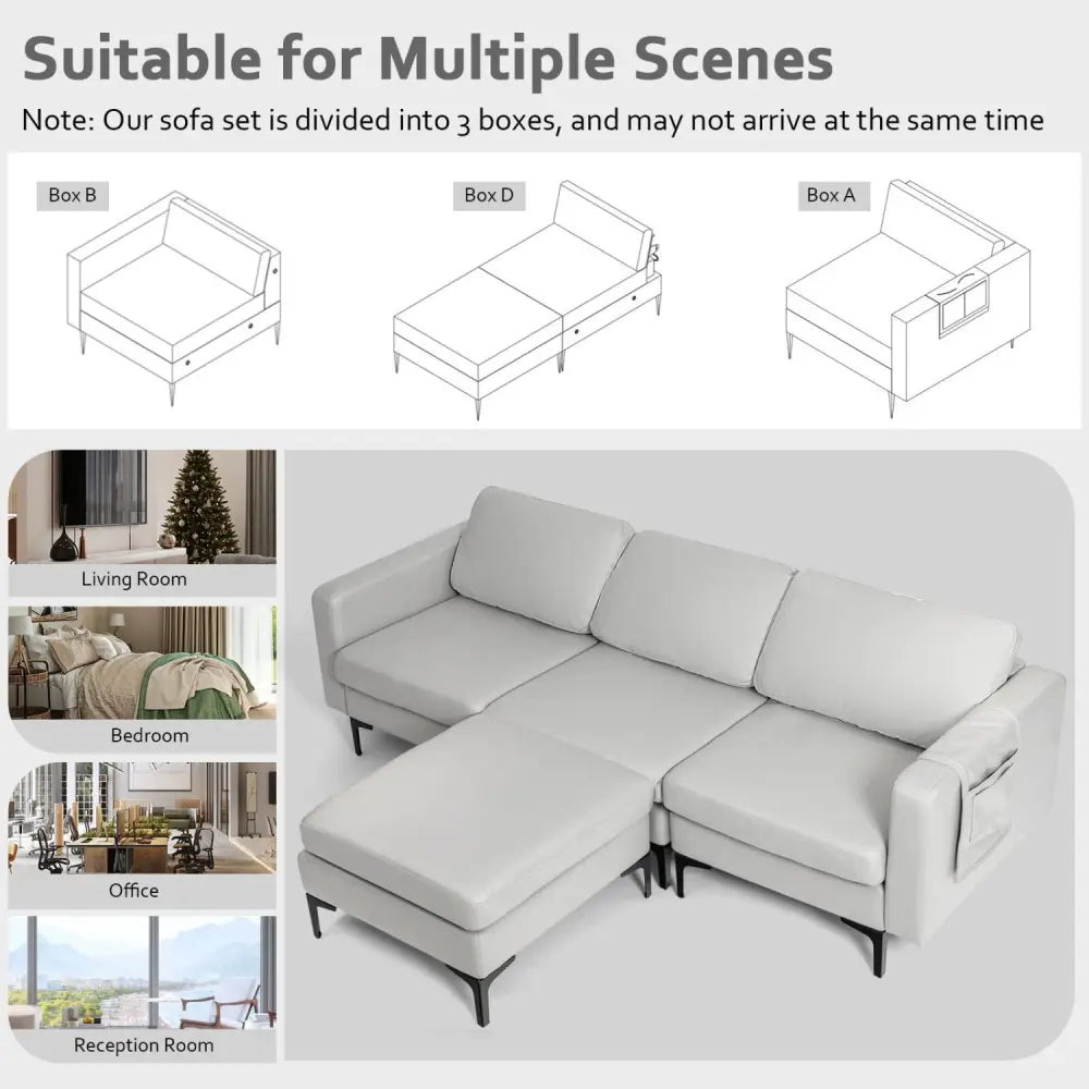 Modular Modern L-shaped Sectional Sofa with Reversible Chaise and 2 USB Ports-Light Gray - Light Gray - Sofas &