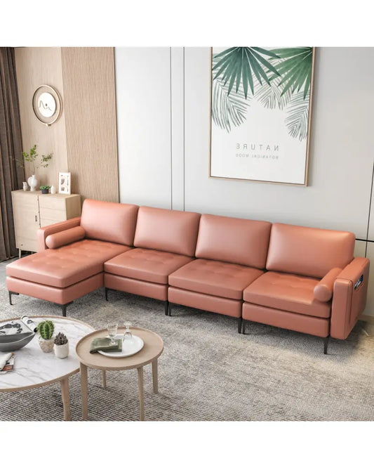 Modular Modern L-shaped Sectional Sofa with Reversible Chaise and 2 USB Ports-Pink - Pink - Sofas & Loveseats