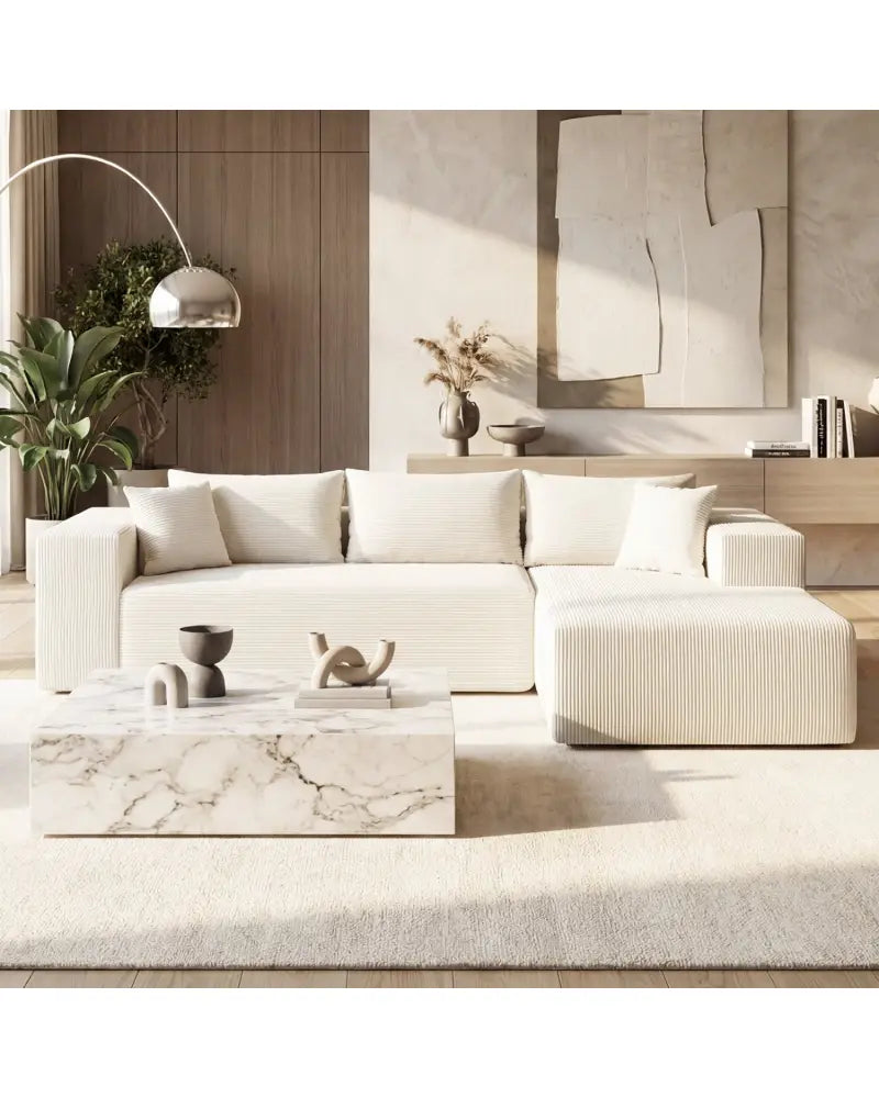 Modular Sectional Sofa Corduroy Upholstered L-shaped Sofa Couch with Deep Seats-Beige - Beige - Sofas & Loveseats