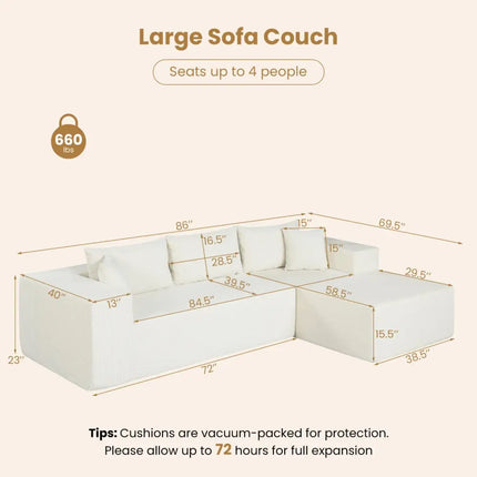 Modular Sectional Sofa Corduroy Upholstered L-shaped Sofa Couch with Deep Seats-Beige - Beige - Sofas & Loveseats
