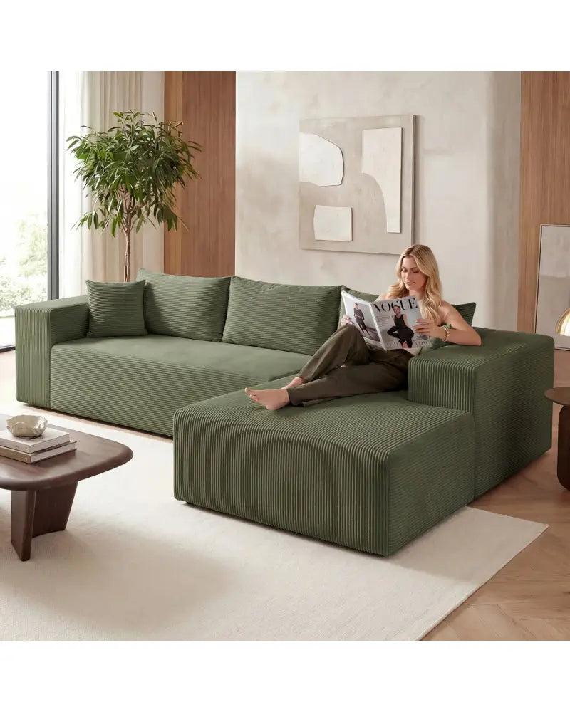 Modular Sectional Sofa Corduroy Upholstered L-shaped Sofa Couch with Deep Seats-Green - Green - Sofas & Loveseats