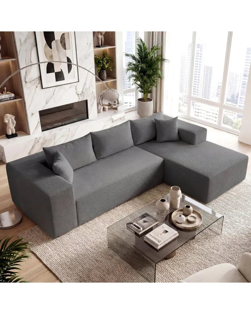 Modular Sectional Sofa Corduroy Upholstered L-shaped Sofa Couch with Deep Seats-Gray - Gray - Sofas & Loveseats