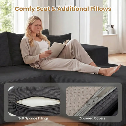 Modular Sectional Sofa Corduroy Upholstered L-shaped Sofa Couch with Deep Seats-Black - Black - Sofas & Loveseats